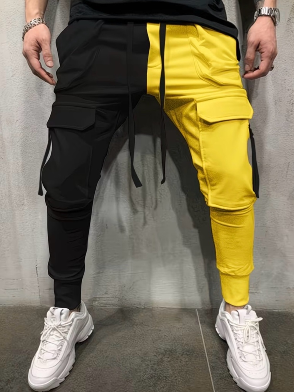 Men's Two-Tone Cargo Jogger Pants - Black & Yellow